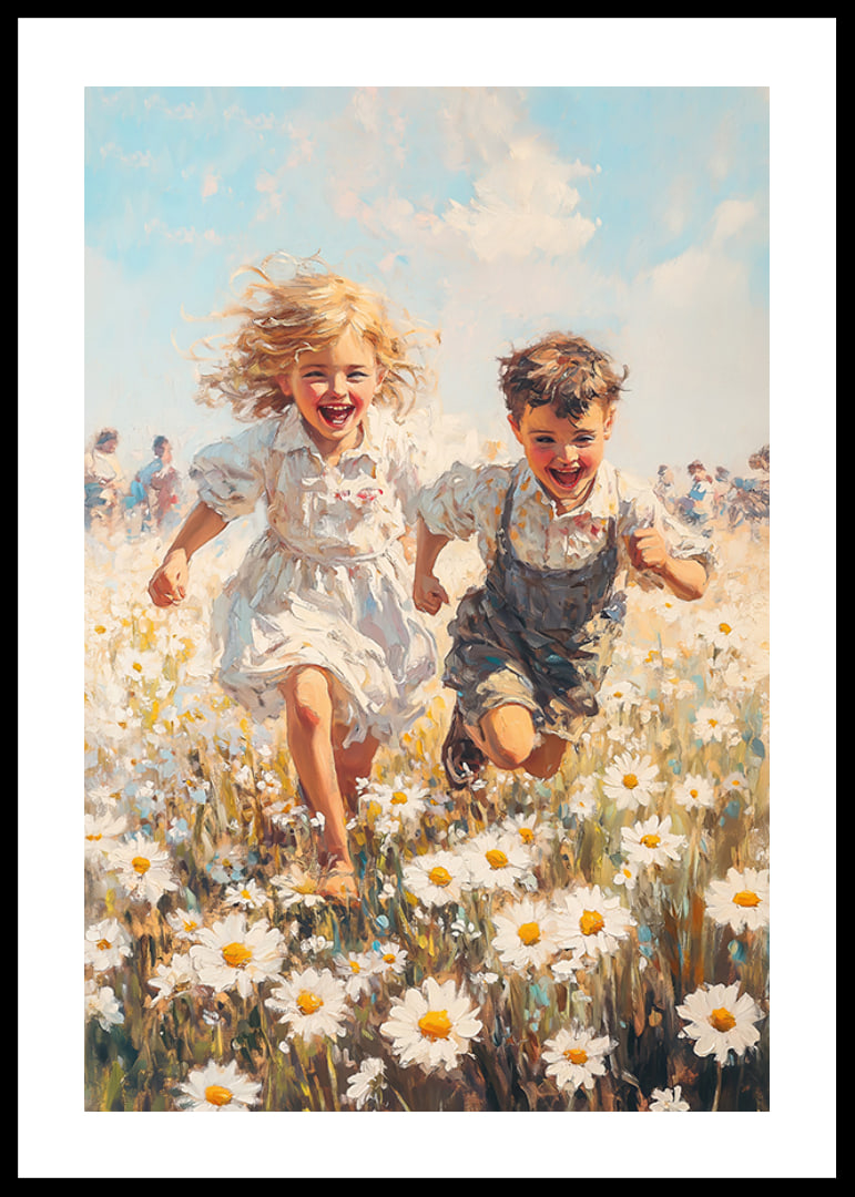 Ein Poster, das die Freude der Kindheit mit spielenden Kindern auf einer blühenden Sommerwiese einfängt-12
