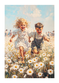 Ein Poster, das die Freude der Kindheit mit spielenden Kindern auf einer blühenden Sommerwiese einfängt-1