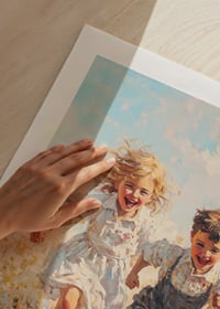 Ein Poster, das die Freude der Kindheit mit spielenden Kindern auf einer blühenden Sommerwiese einfängt-9