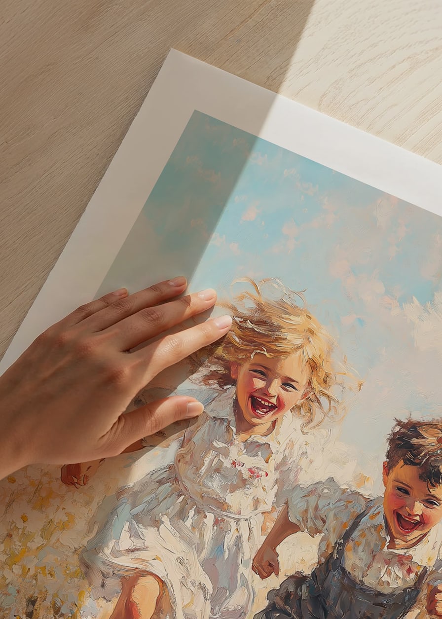 Ein Poster, das die Freude der Kindheit mit spielenden Kindern auf einer blühenden Sommerwiese einfängt-12