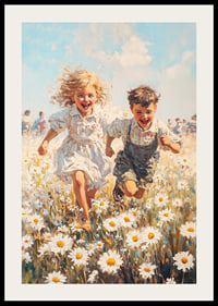 Ein Poster, das die Freude der Kindheit mit spielenden Kindern auf einer blühenden Sommerwiese einfängt-2