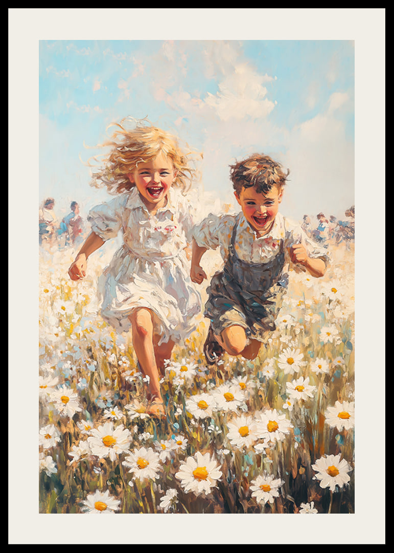 Ein Poster, das die Freude der Kindheit mit spielenden Kindern auf einer blühenden Sommerwiese einfängt-12