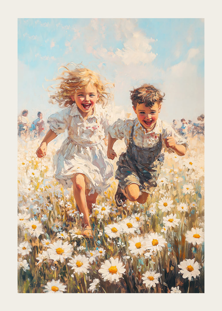 Ein Poster, das die Freude der Kindheit mit spielenden Kindern auf einer blühenden Sommerwiese einfängt-12