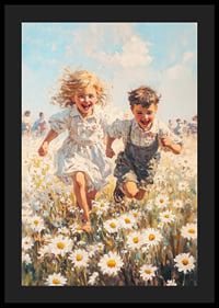 Ein Poster, das die Freude der Kindheit mit spielenden Kindern auf einer blühenden Sommerwiese einfängt-4