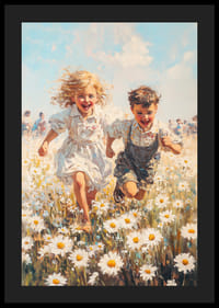 En poster som fångar barndomens glädje med lekande barn i en blomstrande sommaräng-4