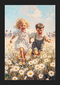 Ein Poster, das die Freude der Kindheit mit spielenden Kindern auf einer blühenden Sommerwiese einfängt-5