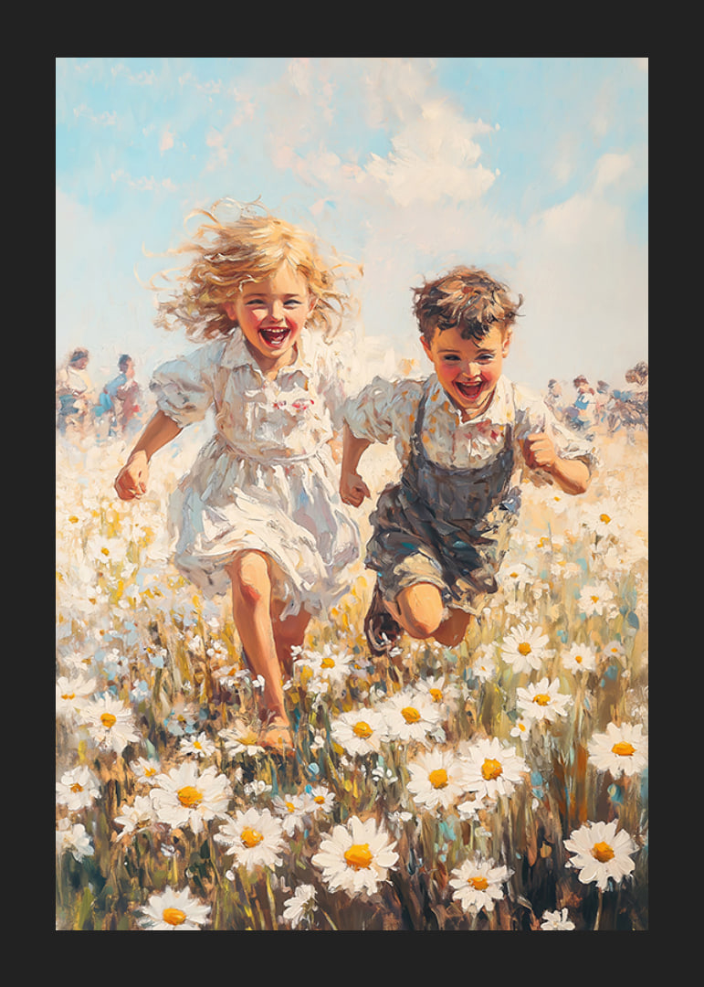 Ein Poster, das die Freude der Kindheit mit spielenden Kindern auf einer blühenden Sommerwiese einfängt-12