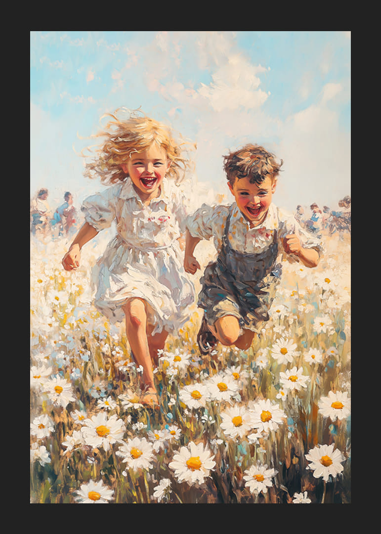 En poster som fångar barndomens glädje med lekande barn i en blomstrande sommaräng-12