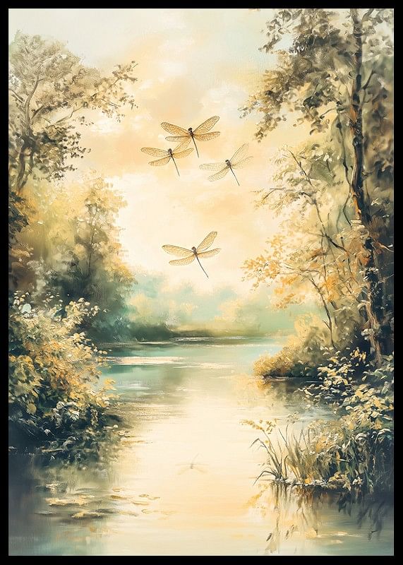 A poster with a still lake, golden nature and dancing dragonflies -12
