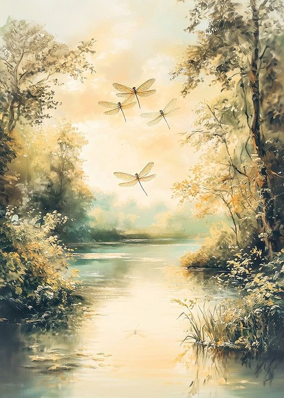 A poster with a still lake, golden nature and dancing dragonflies -12