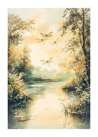 A poster with a still lake, golden nature and dancing dragonflies -1