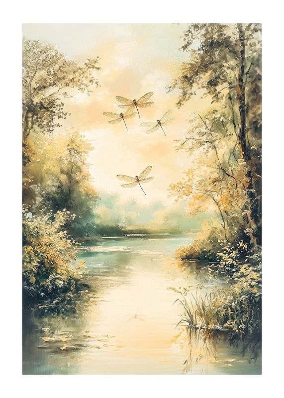 A poster with a still lake, golden nature and dancing dragonflies -12
