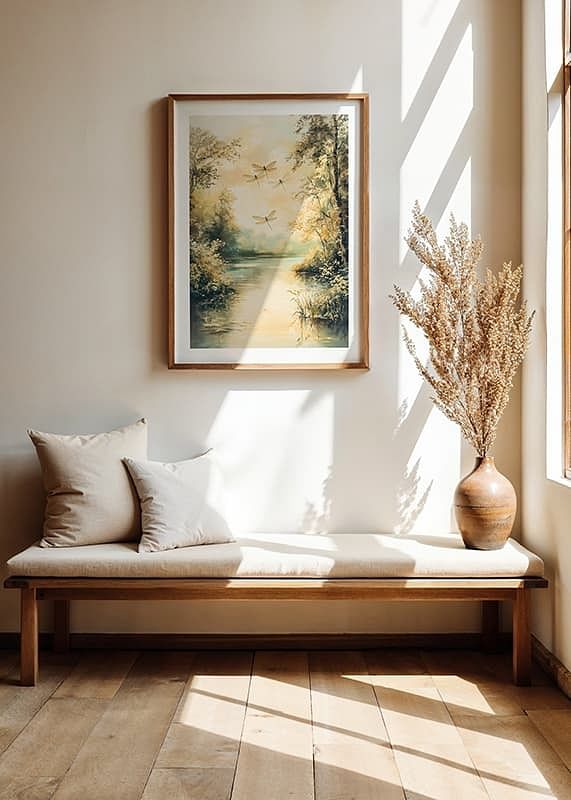 A poster with a still lake, golden nature and dancing dragonflies -12