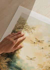 A poster with a still lake, golden nature and dancing dragonflies -5