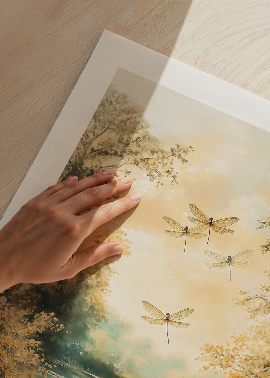 A poster with a still lake, golden nature and dancing dragonflies -12