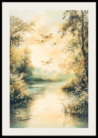 En plakat med en stille innsjø, gylden natur og dansende øyenstikkere -2