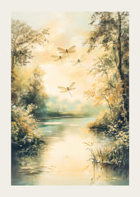 En plakat med en stille innsjø, gylden natur og dansende øyenstikkere -3