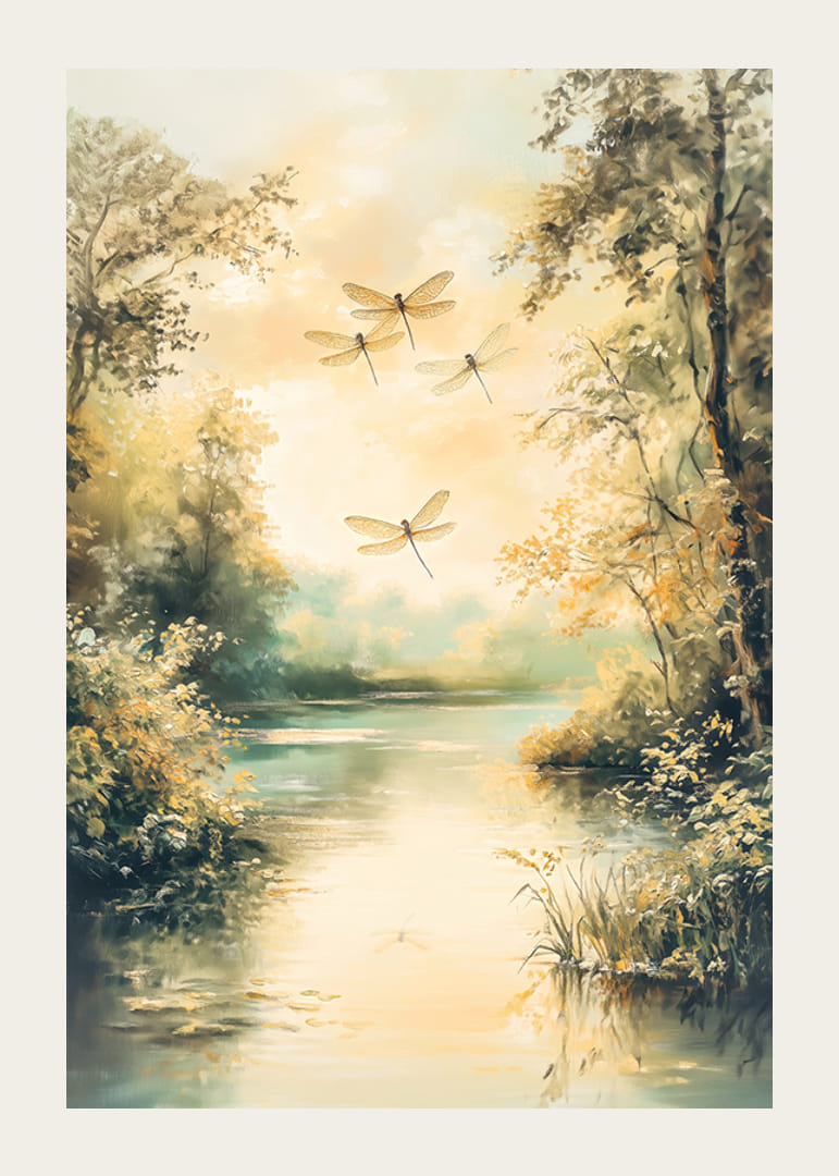 En plakat med en stille innsjø, gylden natur og dansende øyenstikkere -12