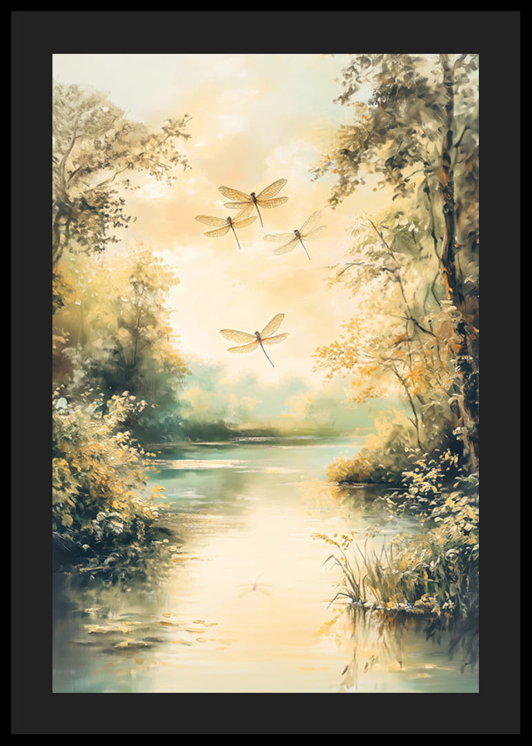 En plakat med en stille innsjø, gylden natur og dansende øyenstikkere -12