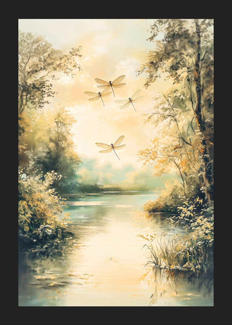 En plakat med en stille innsjø, gylden natur og dansende øyenstikkere -12