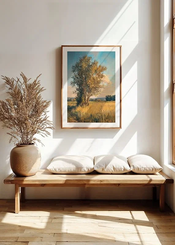 A poster with a lone tree in a golden field that conveys calm and rural charm-12