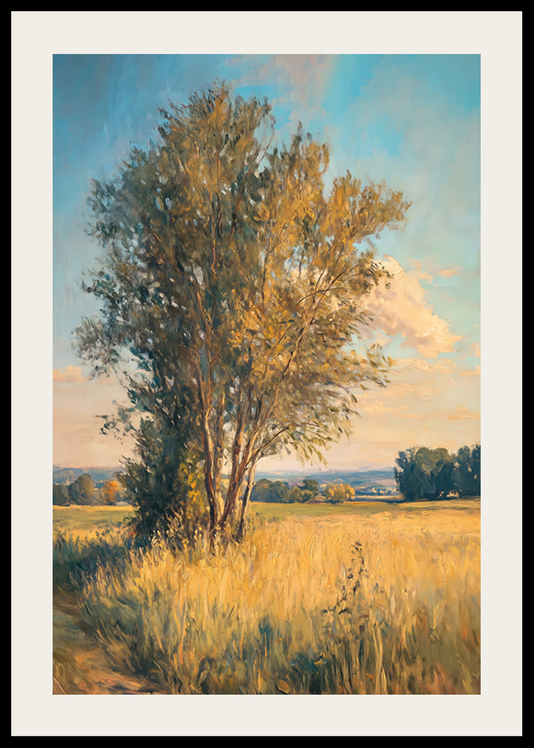 Plakát egy magányos fával egy aranymezőben, amely nyugalmat és vidéki bájt közvetít-12