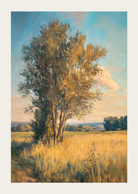 Plakát egy magányos fával egy aranymezőben, amely nyugalmat és vidéki bájt közvetít-3