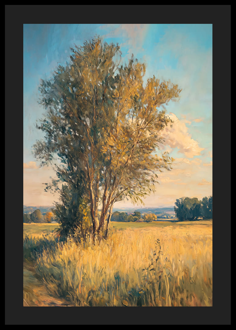 Plakát egy magányos fával egy aranymezőben, amely nyugalmat és vidéki bájt közvetít-12