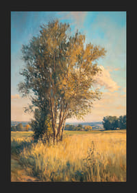 Plakát egy magányos fával egy aranymezőben, amely nyugalmat és vidéki bájt közvetít-5