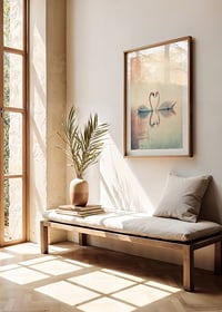 A poster with two swans in a still lake that radiates love and harmony-8