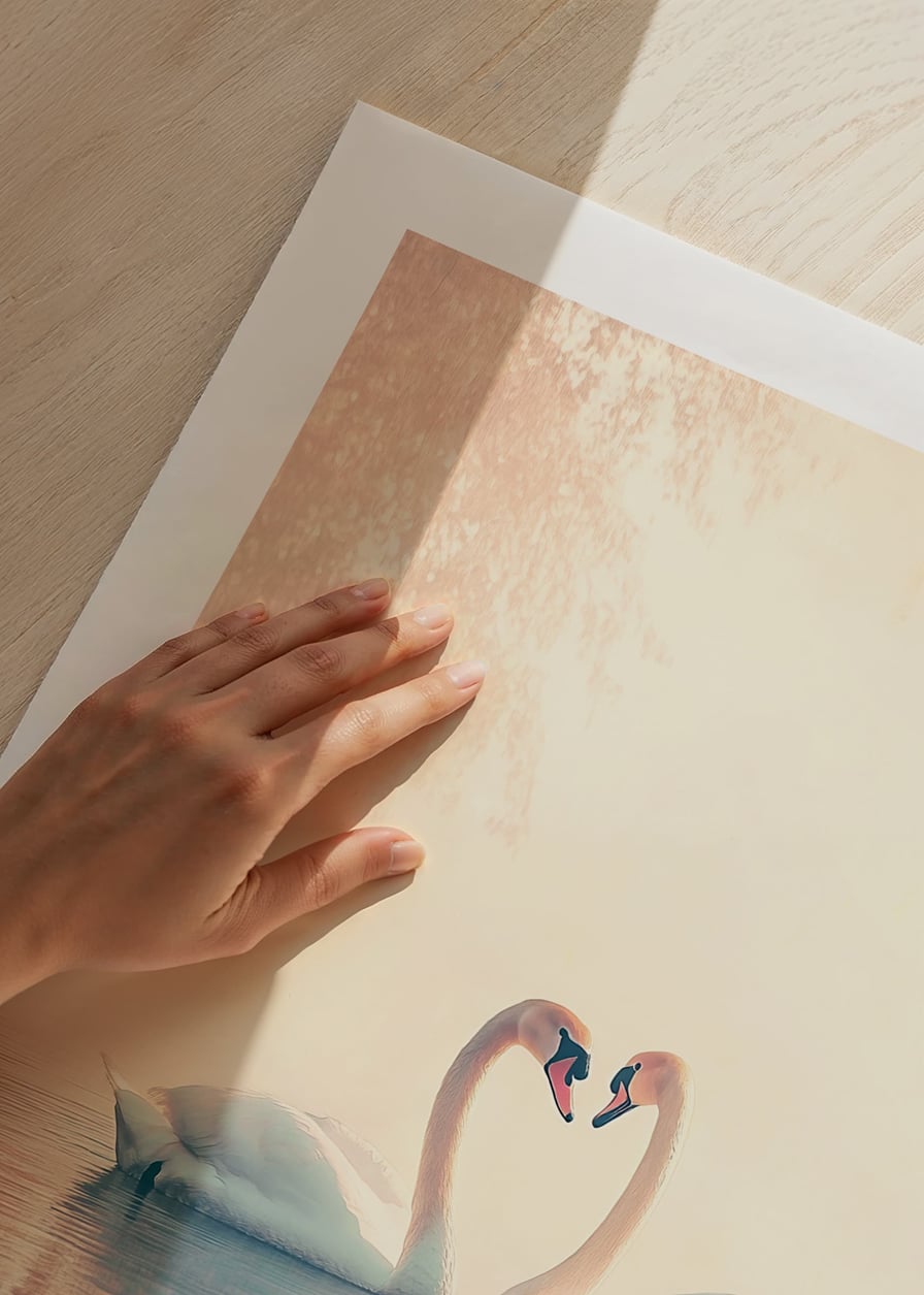 A poster with two swans in a still lake that radiates love and harmony-12