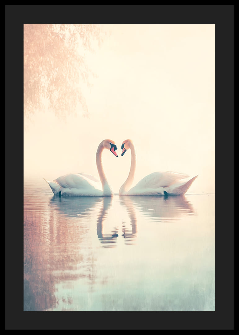 En poster med två svanar i en stilla sjö som utstrålar kärlek och harmoni-12