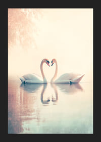 En poster med två svanar i en stilla sjö som utstrålar kärlek och harmoni-5