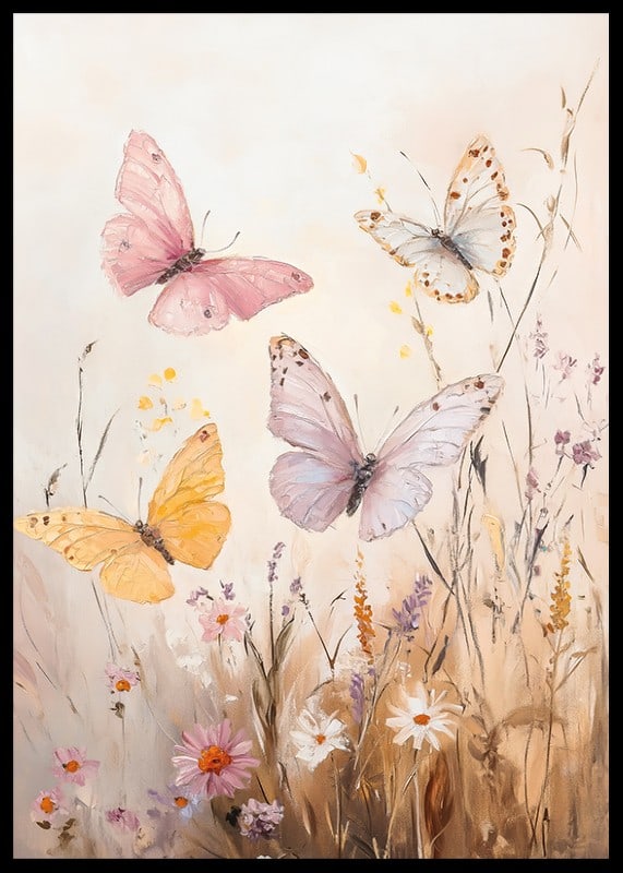 En poster med fjärilar i pastelltoner som dansar över en blommande äng -12