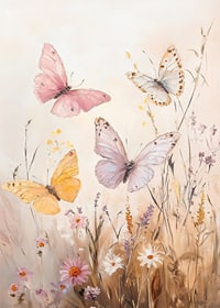 En poster med fjärilar i pastelltoner som dansar över en blommande äng -7