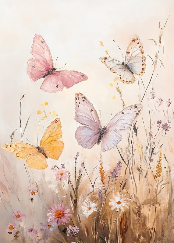 En poster med fjärilar i pastelltoner som dansar över en blommande äng -12