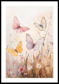 En poster med fjärilar i pastelltoner som dansar över en blommande äng -0