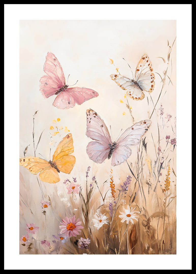 En poster med fjärilar i pastelltoner som dansar över en blommande äng -12