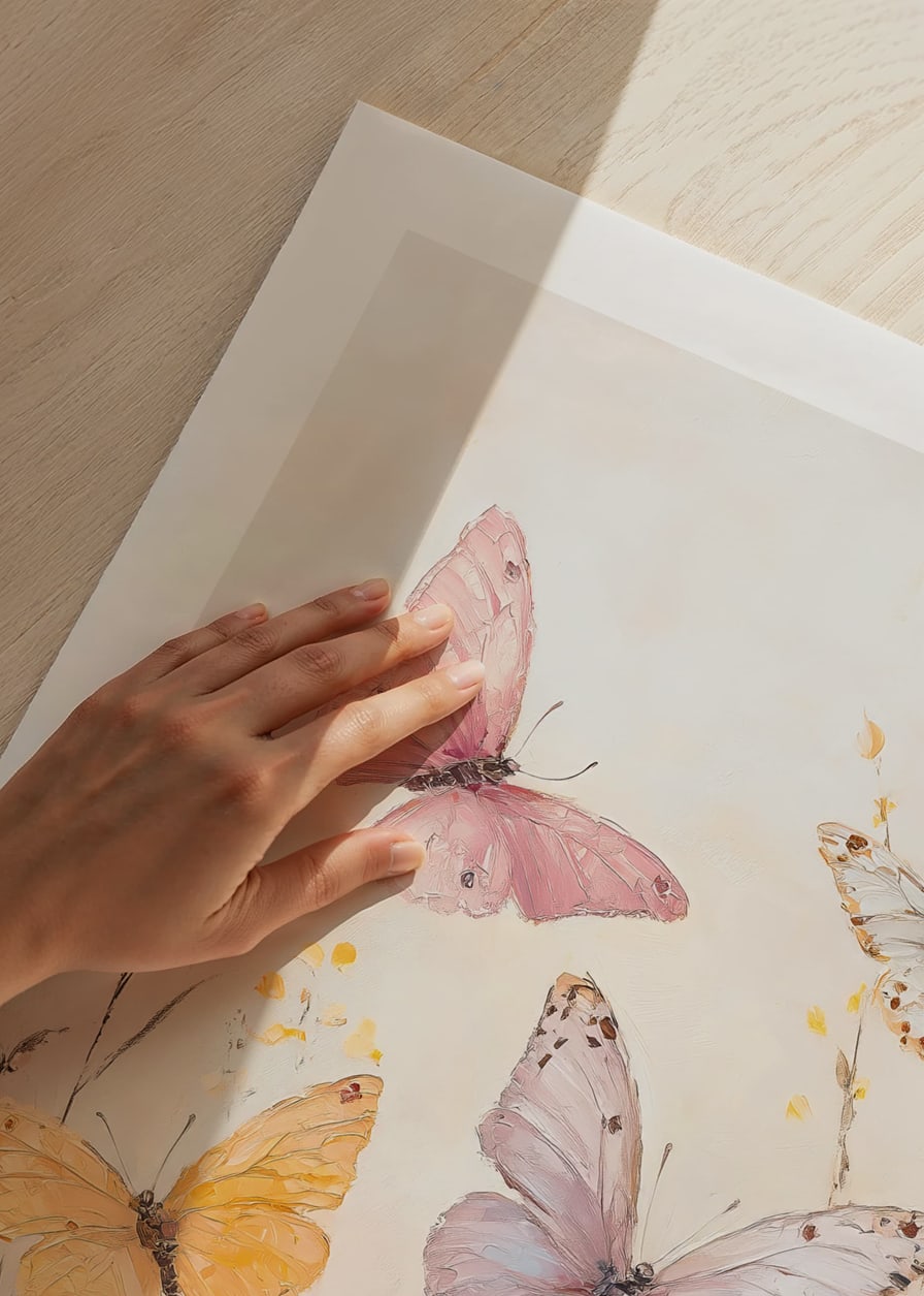 En poster med fjärilar i pastelltoner som dansar över en blommande äng -12
