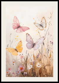 En poster med fjärilar i pastelltoner som dansar över en blommande äng -2