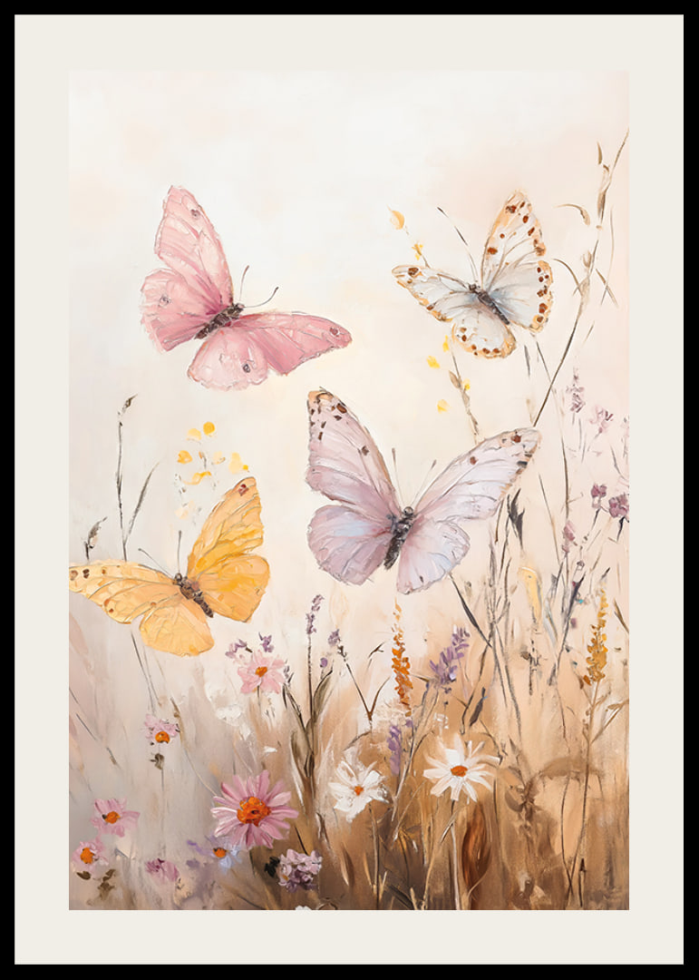 En poster med fjärilar i pastelltoner som dansar över en blommande äng -12