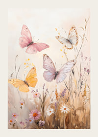 En poster med fjärilar i pastelltoner som dansar över en blommande äng -3