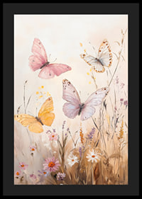En poster med fjärilar i pastelltoner som dansar över en blommande äng -4
