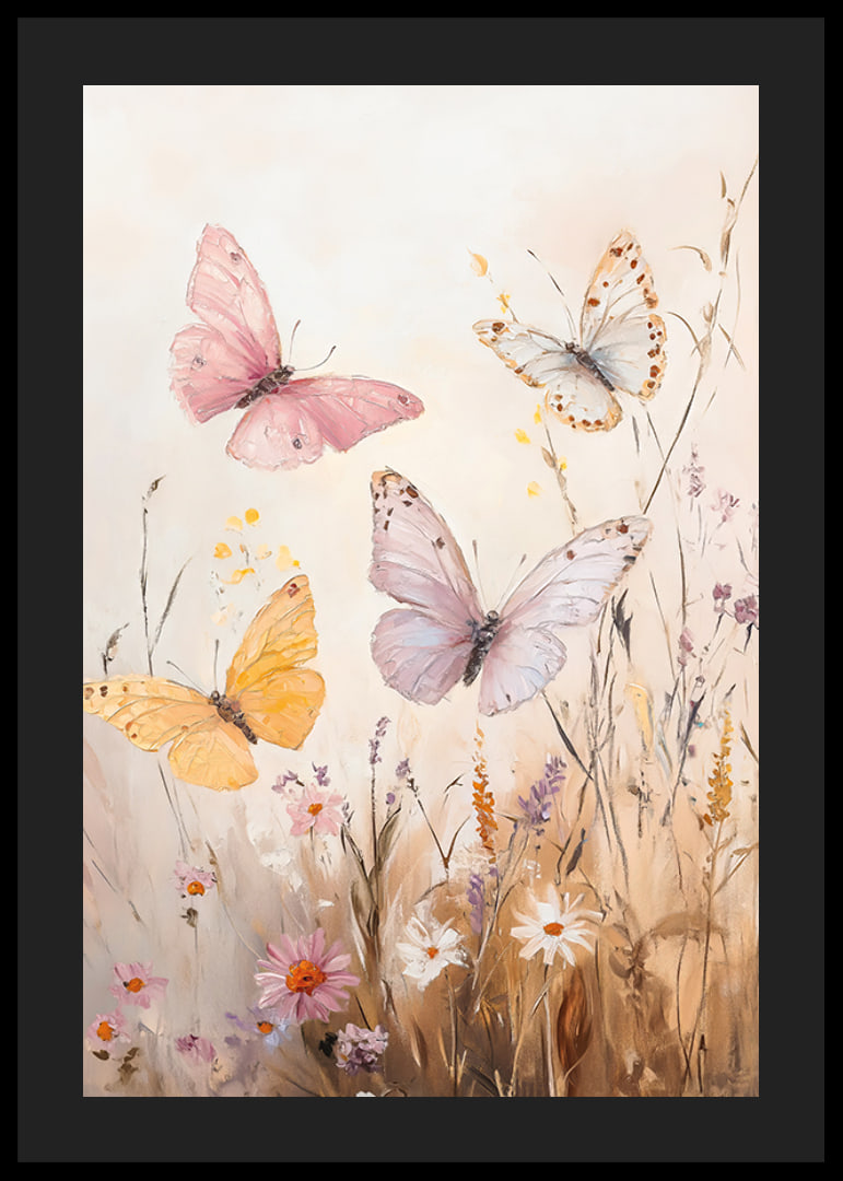 En poster med fjärilar i pastelltoner som dansar över en blommande äng -12
