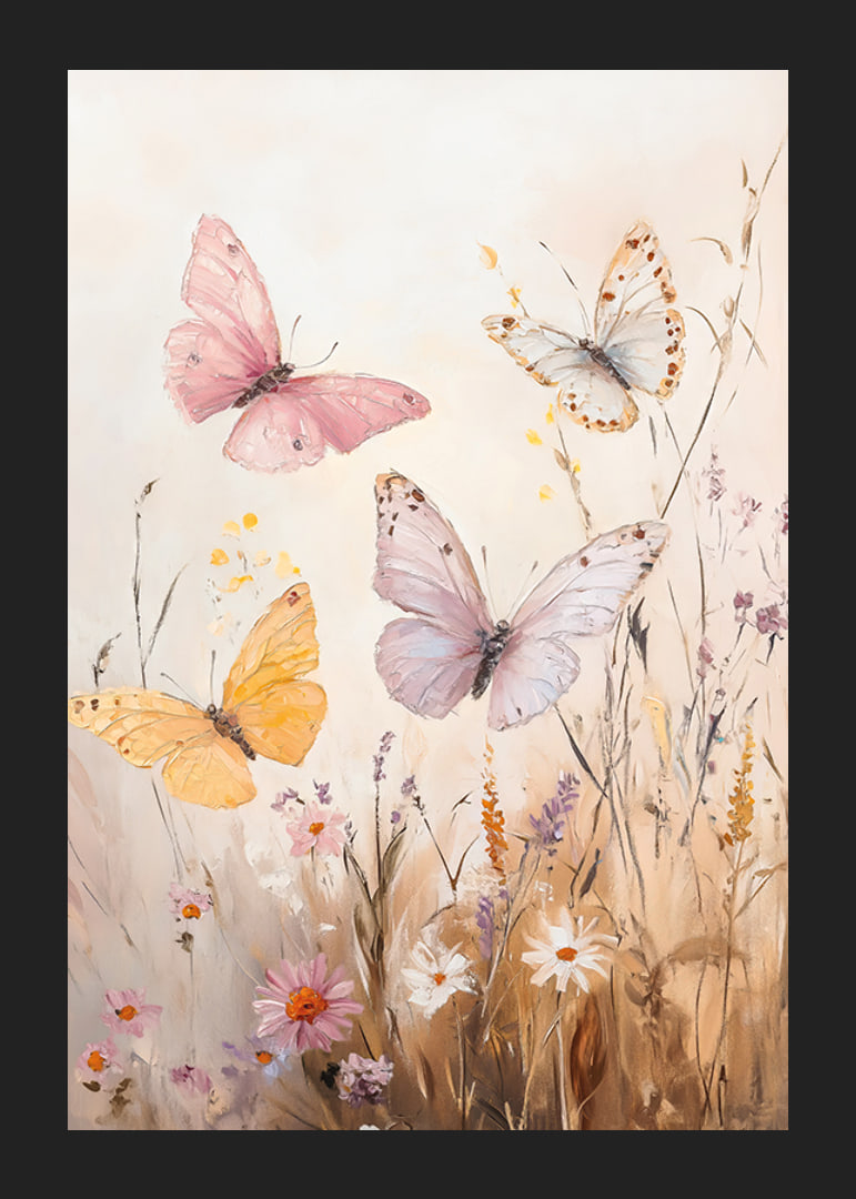 En poster med fjärilar i pastelltoner som dansar över en blommande äng -12