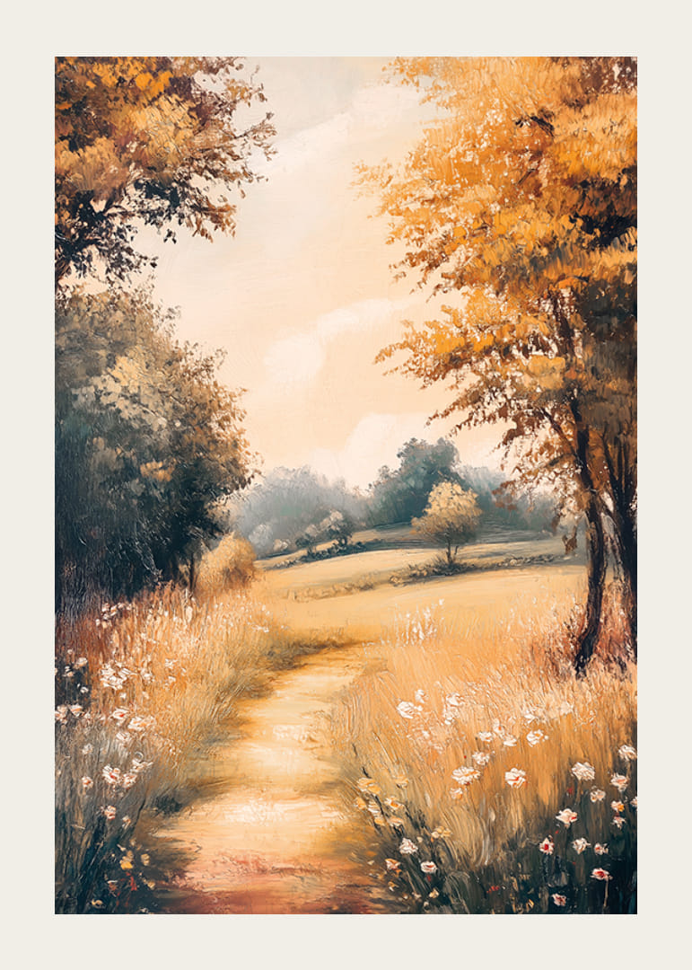 En poster med en gyllene stig genom blommande ängar -12