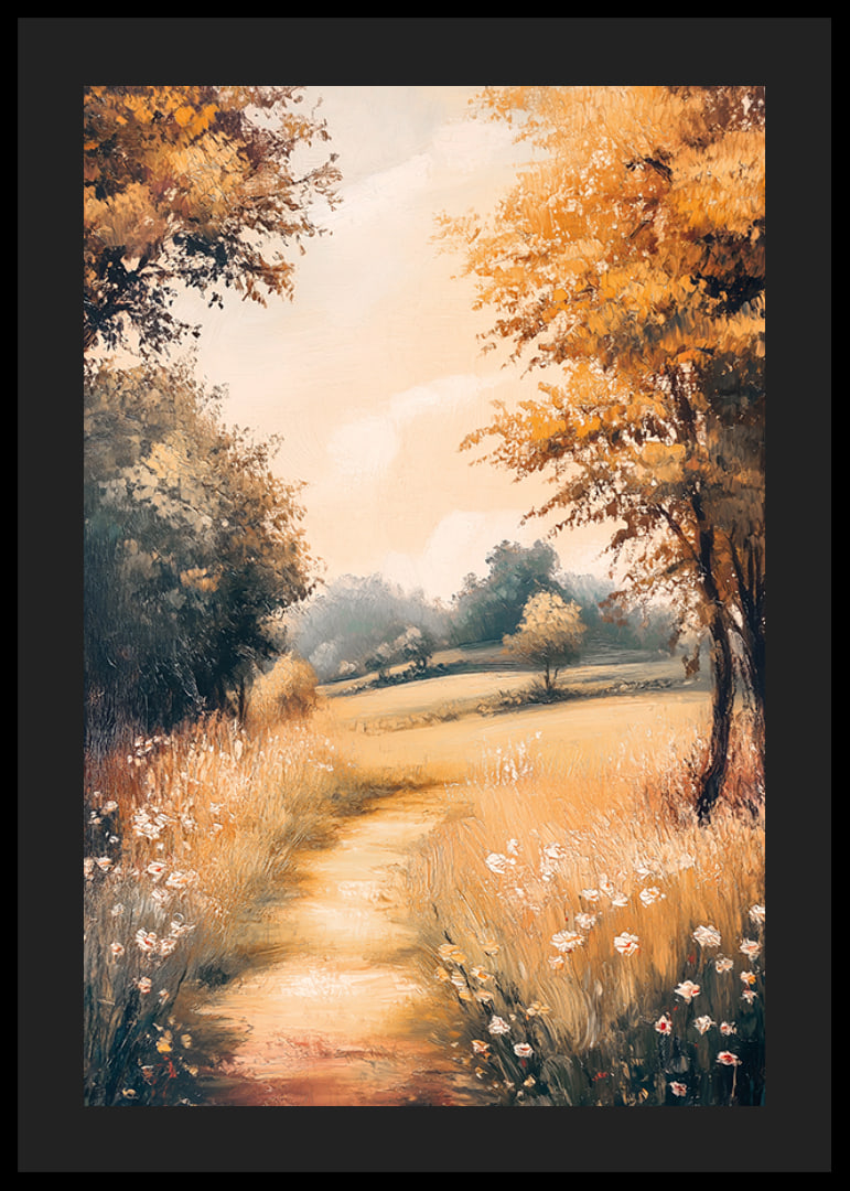 A poster with a golden path through flowering meadows -12