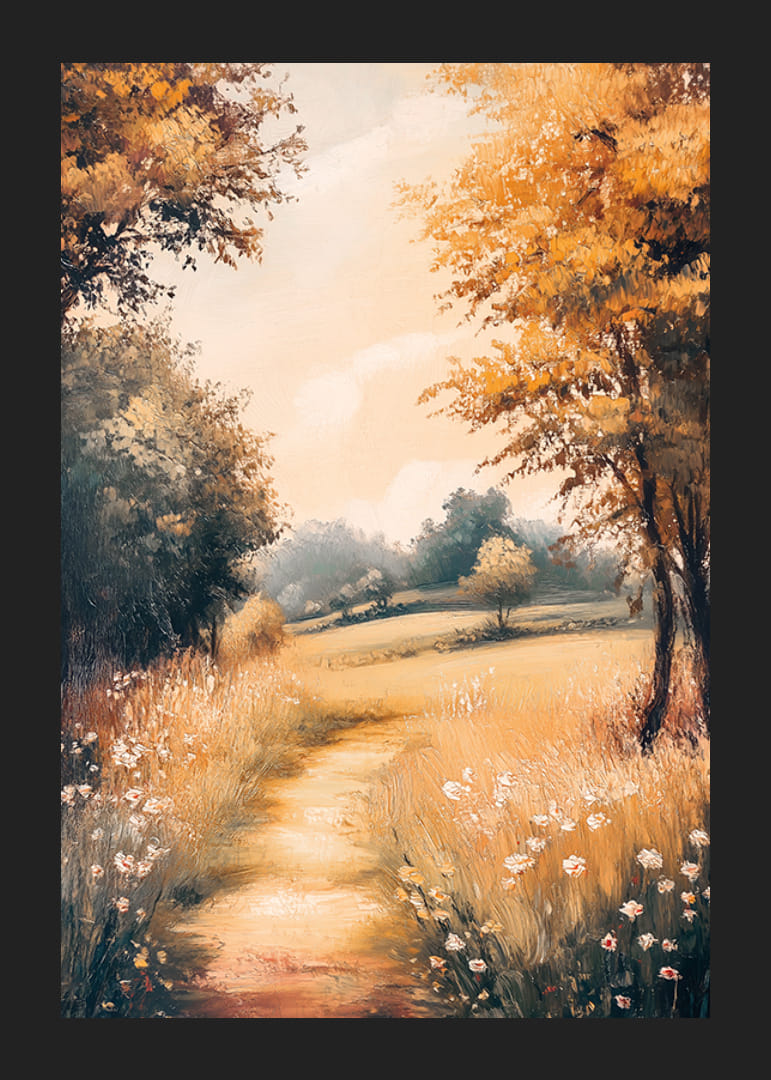En poster med en gyllene stig genom blommande ängar -12