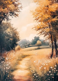 A poster with a golden path through flowering meadows -7