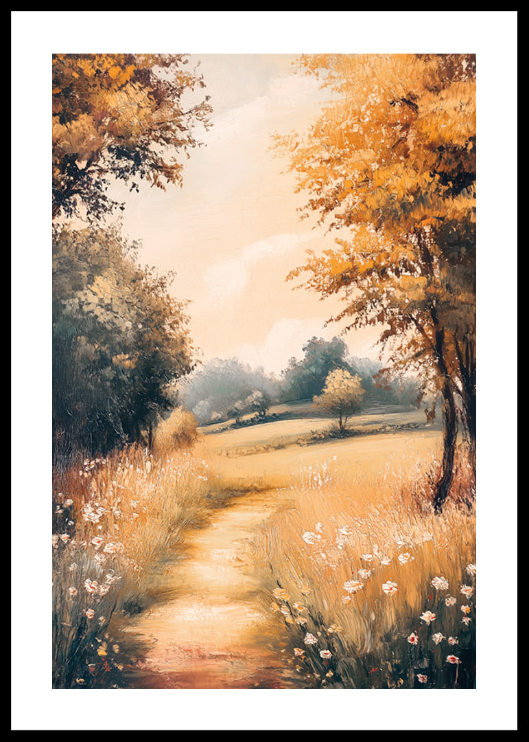 A poster with a golden path through flowering meadows -12